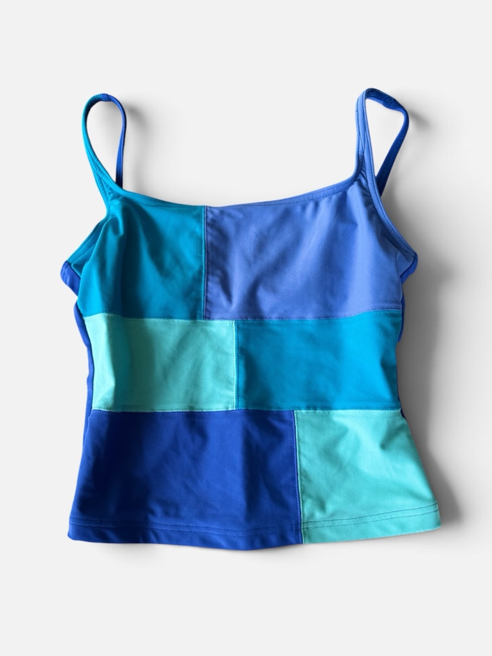 Vintage 90s Aqua Cobalt Blue Teal Colorblock Patchwork Strappy Tank Top Tankini